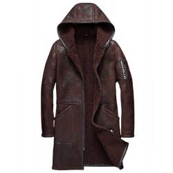 Mens Moda Nellav Dark Brown Shearling Leather Hooded Coat
