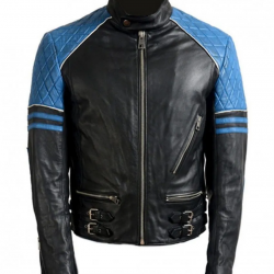 Mens Quilted Biker Stylish Black and Blue Leather Jacket Mens Quilted Biker Stylish Black and Blue Leather Jacket