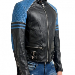 Mens Quilted Biker Stylish Black and Blue Leather Jacket Mens Quilted Biker Stylish Black and Blue Leather Jacket