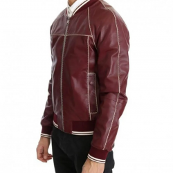 Mens Stitched Bomber Maroon Leather Jacket Mens Stitched Bomber Maroon Leather Jacket