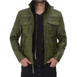 Moffit Distressed Dark Green Leather Jacket Mens