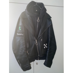 Off White Men's Black Leather Hooded Jacket 