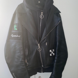 Off White Men's Black Leather Hooded Jacket 