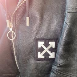 Off White Men's Black Leather Hooded Jacket  Off White Men's Black Leather Hooded Jacket
