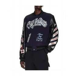 Off White Chicago Bulls Full Snap Wool and Leather Varsity Jacket