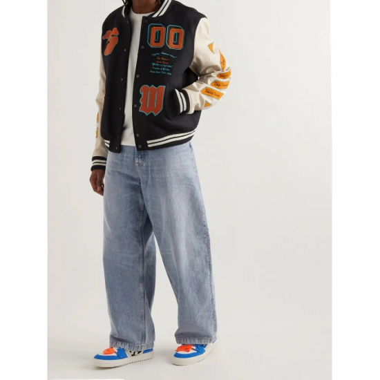 Off White Wool-Blend Varsity Jacket