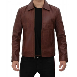 Reeves Brown Shirt Collar Front Zip Men Stylish Pebbled Leather Jacket