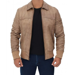 Steven Mens Beige Leather Bomber Jacket