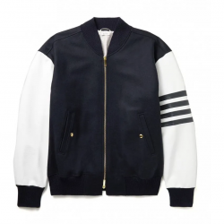Striped Melton Wool and Leather Bomber Jacket