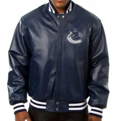 Vancouver Canucks Navy Blue Varsity Leather Jacket Vancouver Canucks Navy Blue Varsity Leather Jacket