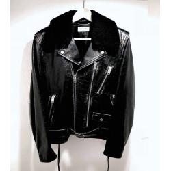 Vintage Distressed Black Calfskin Leather Biker Jacket with Removable Shearling Collar