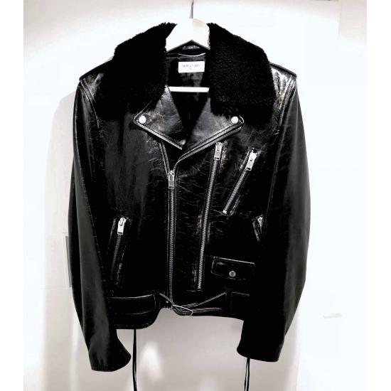 Vintage Distressed Black Calfskin Leather Biker Jacket with Removable Shearling Collar
