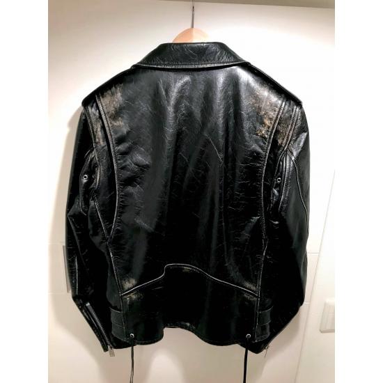 Vintage Distressed Black Calfskin Leather Biker Jacket with Removable Shearling Collar