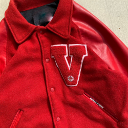 Vintage Red Leather Varsity Jacket with Classic V Design
