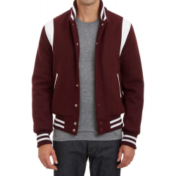Virgin Leather Trimmed Wool Bomber Burgundy Teddy Jacket