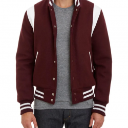 Virgin Leather Trimmed Wool Bomber Burgundy Teddy Jacket Virgin Leather Trimmed Wool Bomber Burgundy Teddy Jacket