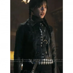 Wednesday Addams Jenna Ortega Cropped Black Leather Jacket Wednesday Addams Jenna Ortega Cropped Black Leather Jacket