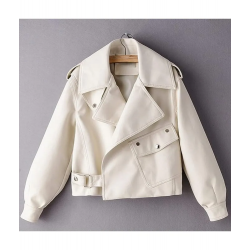 Womens Spring Fashion Retro Long Sleeve Washed PU Leather Solid Color Jacket