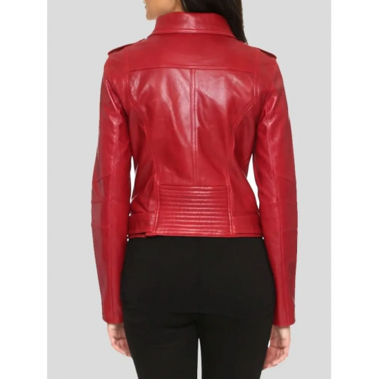 Womens Red Leather Biker Jacket