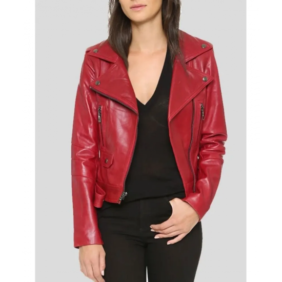 Womens Red Leather Biker Jacket