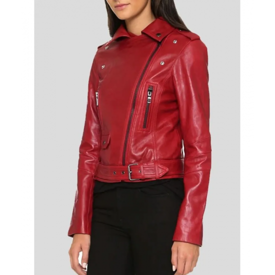 Womens Red Leather Biker Jacket