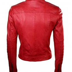 Womens Sheepskin Leather Biker Jacket Red Tan Stand Collar