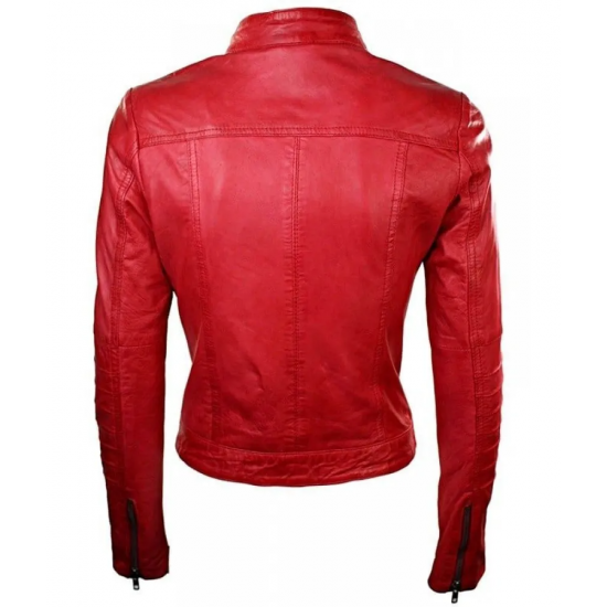 Womens Sheepskin Leather Biker Jacket Red Tan Stand Collar