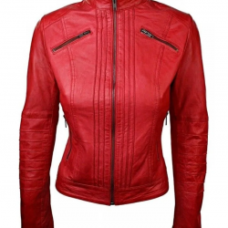 Womens Sheepskin Leather Biker Jacket Red Tan Stand Collar