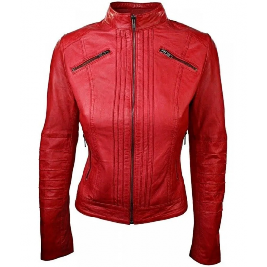Womens Sheepskin Leather Biker Jacket Red Tan Stand Collar