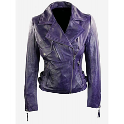 Womens Short Fitted Leather Motorcycle Jacket Purple