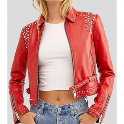 Womens Studded Red Cropped Leather Jacket Womens Studded Red Cropped Leather Jacket
