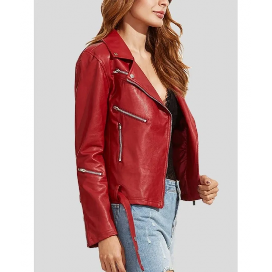 Womens Wear Red Leather Biker Jacket