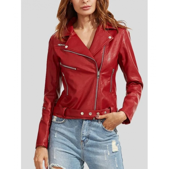 Womens Wear Red Leather Biker Jacket