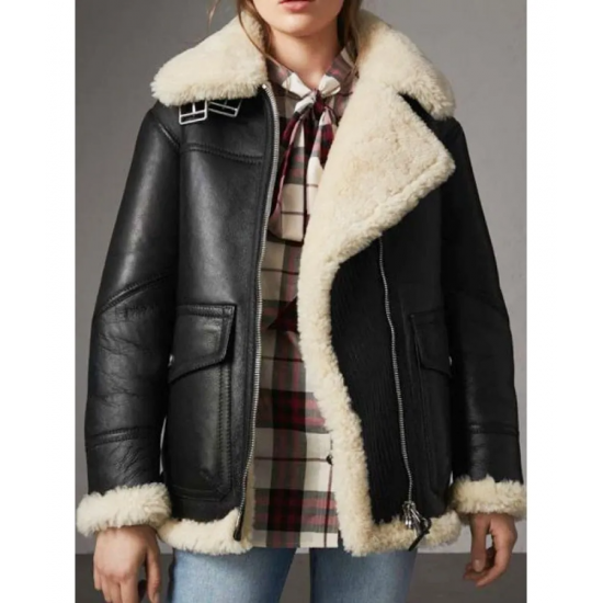 Women’s Aviator Ivory Shearling Black Leather Jacket