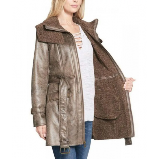 Womens Mid Length Shearling Duster Trench Coat