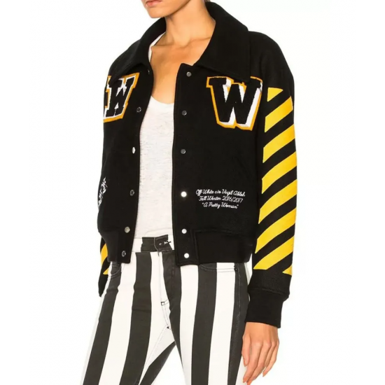 Womens Off White Virgil Abloh Varsity Jacket with Yellow Striped Sleeves