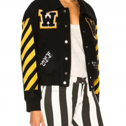 Womens Off White Virgil Abloh Varsity Jacket with Yellow Striped Sleeves Womens Off White Virgil Abloh Varsity Jacket with Yellow Striped Sleeves