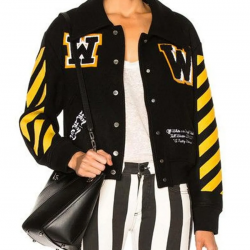 Womens Off White Virgil Abloh Varsity Jacket with Yellow Striped Sleeves Womens Off White Virgil Abloh Varsity Jacket with Yellow Striped Sleeves