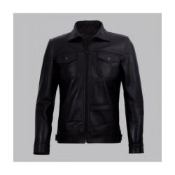 Diran Men Black Classic Leather Jacket with Shirt Collar	