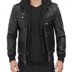 Edinburgh Black Hooded Leather Jacket	 Edinburgh Black Hooded Leather Jacket