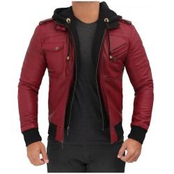 Edinburgh Maroon Hooded Leather Bomber Jacket Mens