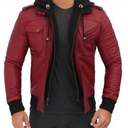 Edinburgh Maroon Hooded Leather Bomber Jacket Mens Edinburgh Maroon Hooded Leather Bomber Jacket Mens