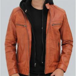 Edward Mens Tan Leather Jacket with Hood	 Edward Mens Tan Leather Jacket with Hood