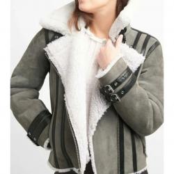Elena Grey Suede Leather Shearling Jacket	 Elena Grey Suede Leather Shearling Jacket