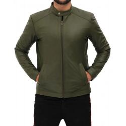 Fano Mens Army Green Snap Collar Leather Cafe Racer Jacket	
