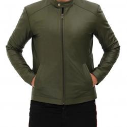 Fano Mens Army Green Snap Collar Leather Cafe Racer Jacket	 Fano Mens Army Green Snap Collar Leather Cafe Racer Jacket