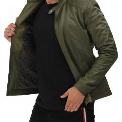 Fano Mens Army Green Snap Collar Leather Cafe Racer Jacket	 Fano Mens Army Green Snap Collar Leather Cafe Racer Jacket
