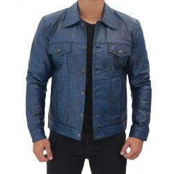 Fernando Mens Distressed Blue Trucker Leather Jacket	