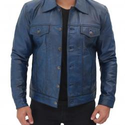Fernando Mens Distressed Blue Trucker Leather Jacket	 Fernando Mens Distressed Blue Trucker Leather Jacket