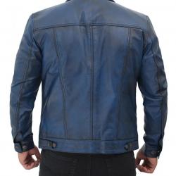 Fernando Mens Distressed Blue Trucker Leather Jacket	 Fernando Mens Distressed Blue Trucker Leather Jacket